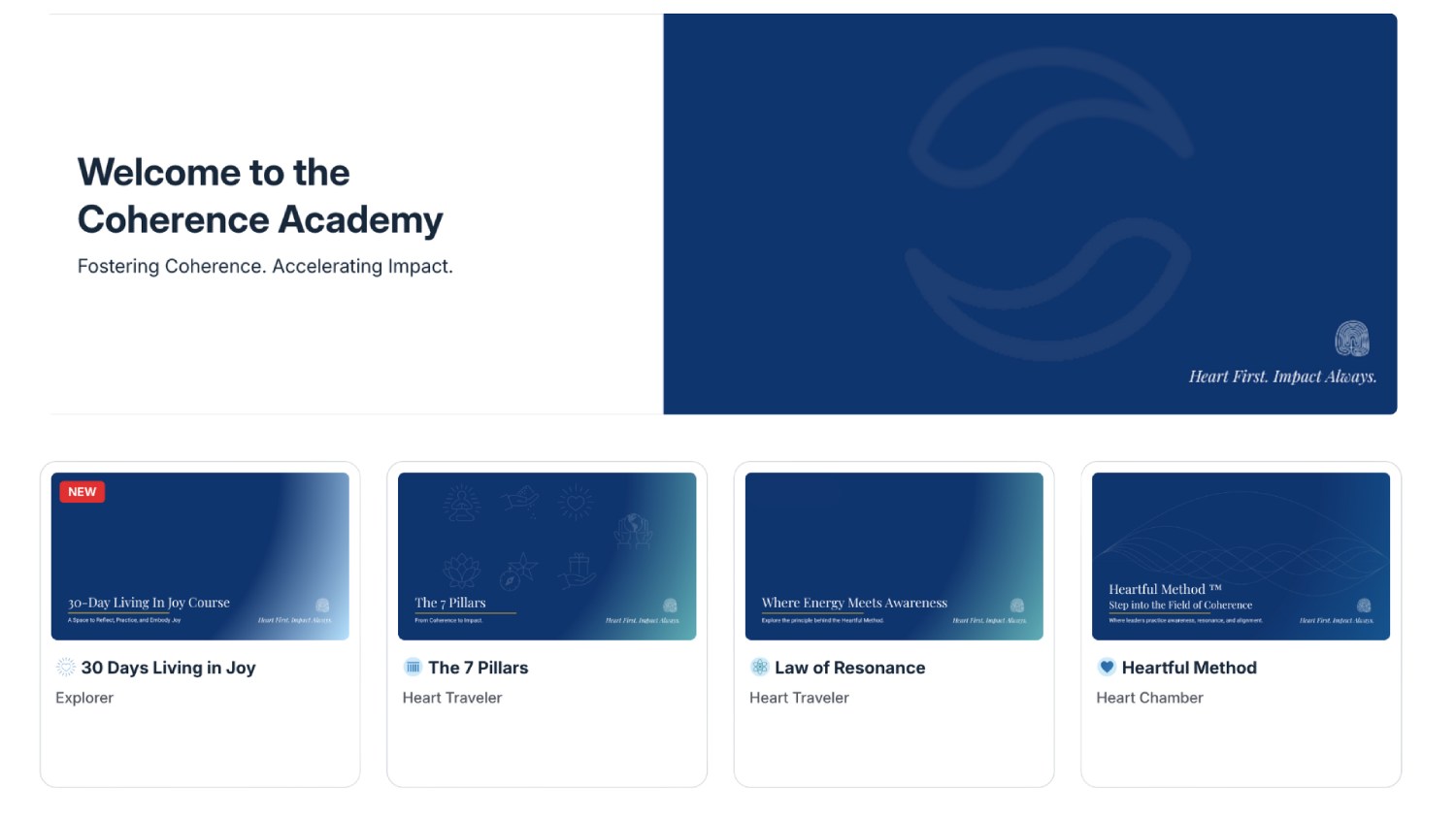 The Coherence Academy home screen, showing courses including 30 Days Living in Joy, The 7 Pillars, Law of Resonance, and the Heartful Method.